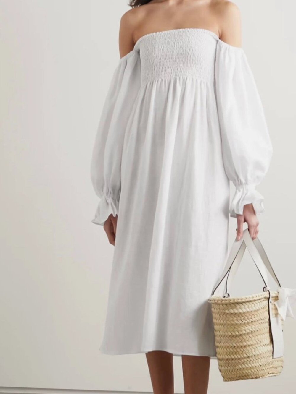 Sleeper Atlanta White Linen Dress Smocked Puff Sleeve Cottagecore Boho Bridal S - Picture 2 of 10